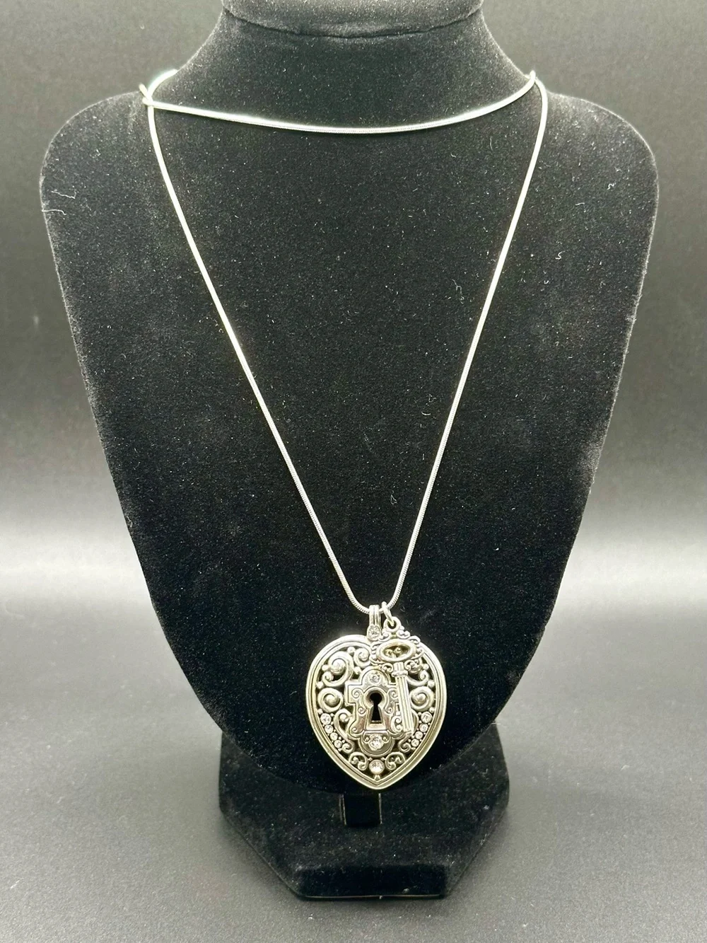 Retired Brighton Lock Heart and Key Reversible Pendant Necklace Silver Plate